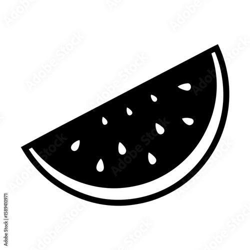A simplistic monochrome illustration of a watermelon slice with its seeds