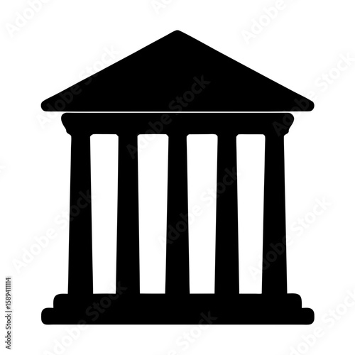 Black and white courthouse building with columns and triangular pediment silhouette