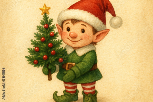 Christmas Elf Holding a Mini Christmas Tree Illustration