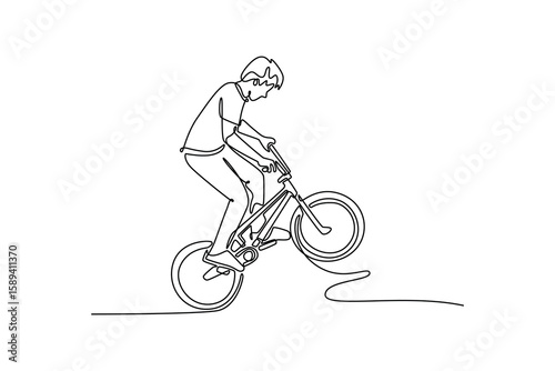 Single one line drawing young cyclist showing off his freestyle riding skills at the extreme sport park. BMX bicycle rider doing stunt wheelie. Continuous line draw design graphic vector illustration