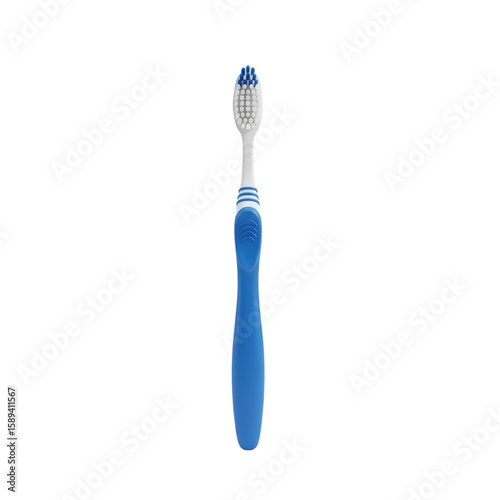 A single blue and white toothbrush stands upright against a plain white background, bristles facing up.