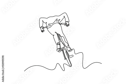 Continuous one line drawing extreme bicycle rider performing dangerous jump with his bike. BMX freestyler athlete doing aerial trick in street ramp. Single line draw design vector graphic illustration