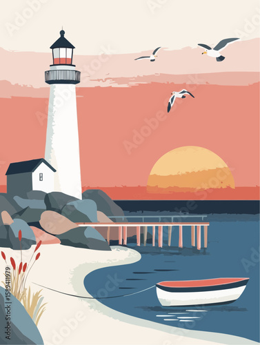 Clean seaside scene with lighthouse and boat, soft waves and open sky with sun, perfect for greeting cards, summer printables or tag-based children's visuals