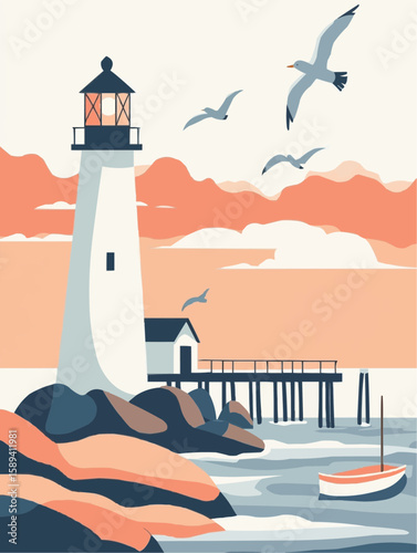 A calm coastal morning with lighthouse, wooden pier and small boat, gentle waves and flying seagulls, perfect for nursery wall art or summer-themed kids’ decor