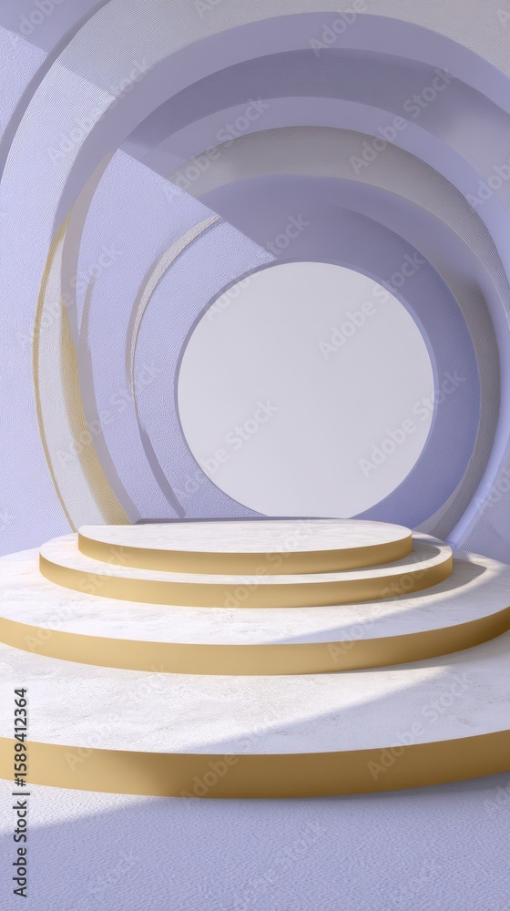 Obraz premium A floating circular stage design in matte pale lavender, crisp white, and light golden tan.