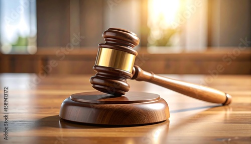 Gavel resting on a wooden table in a courtroom