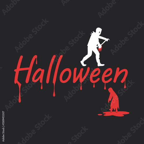 Halloween themed graphic with silhouettes and red dripping letters  