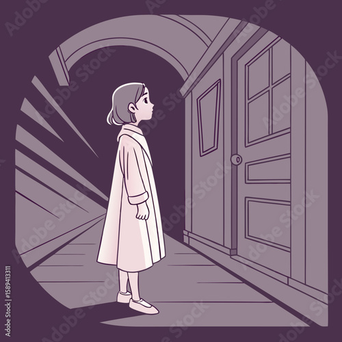 Young girl standing in corridor and looking at closed door  