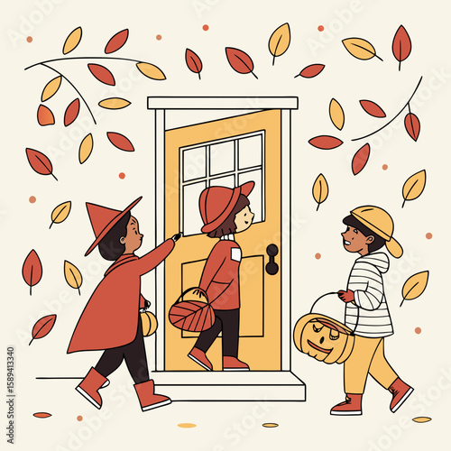 Children trick-or-treating in Halloween costumes on autumn evening  