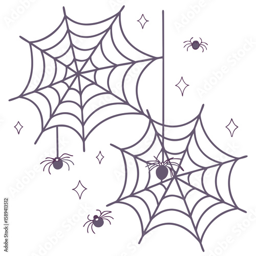 Spider webs with spiders and stars in a minimalistic design  