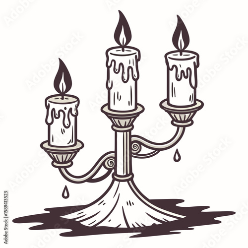 Vintage candle holder with three dripping candles on white background  