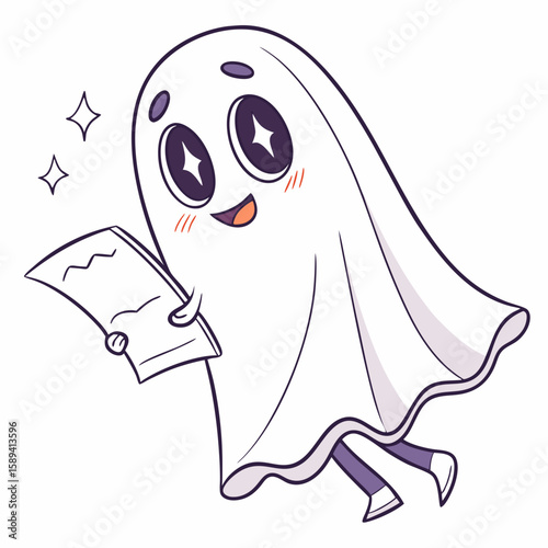 Cute cartoon ghost holding a paper with a happy expression  
