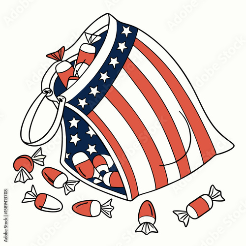 Candy bag with American flag design and colorful candies spilling out  