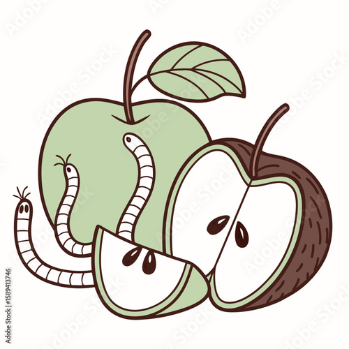 Green apple with worms and sliced section revealing seeds  