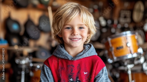 Happy boy, smiling, in a garage