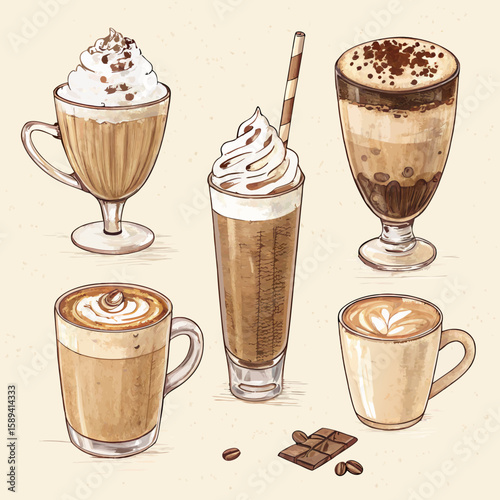 Vintage Hand‑Drawn Coffee Drinks Vector Set | Espresso, Latte, Cappuccino, Frappe & Glacé | Sepia Sketch Illustration for Café Branding & Menu Design