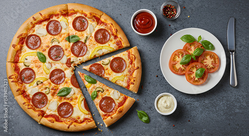 Pepperoni Pizza with Tomato and Basil