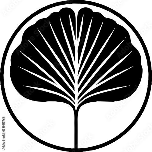 Circular logo design featuring stylized biloba leaf for branding and labeling