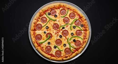 Pizza with pepperoni, olive and pepper on a metal tray