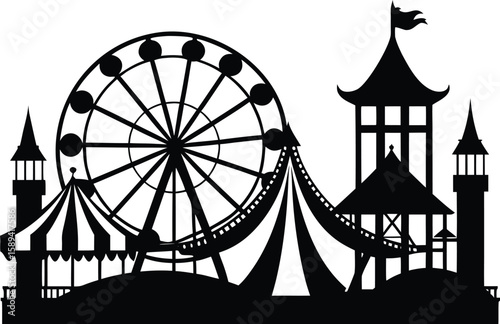 Amusement Park Play Area Silhouette Vector Flat Design Illustration