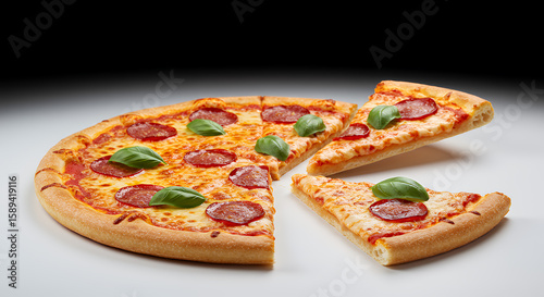 Pepperoni Pizza with Basil Leaves and Cut Slices