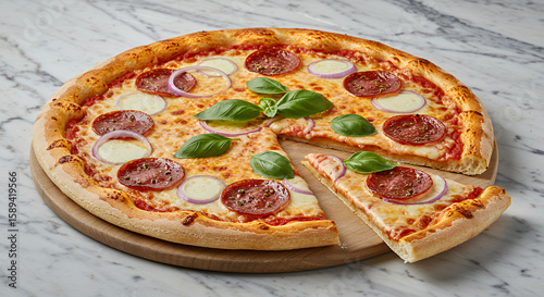 Pepperoni Pizza with Basil and Onion