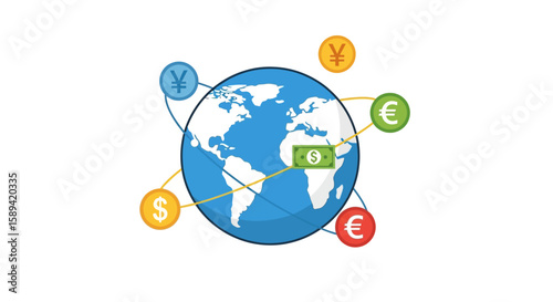 Global currency exchange network depicted on a world map.