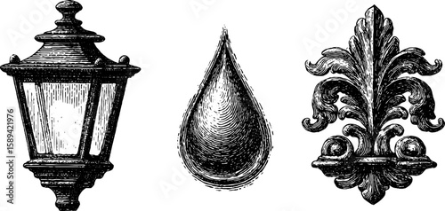 Vintage ornamental set with ginkgo biloba, teardrop, and fleur-de-lis designs for retro decor and art