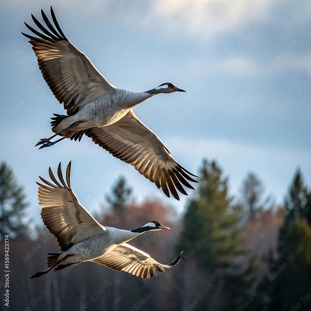 Fototapeta premium Graceful Flight: Two cranes soaring majestically through the air, captured in mid-flight against a backdrop of a partly cloudy sky.
