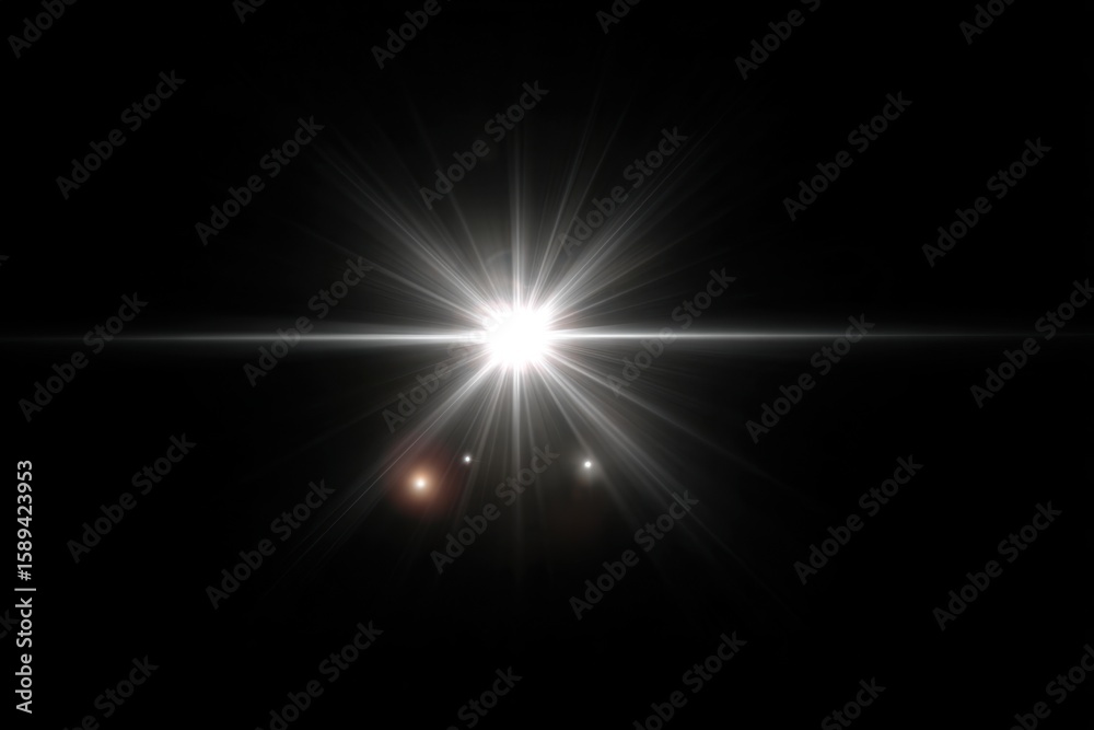 Fototapeta premium Dramatic White Light Flare Against Dark Background Creating an Ethereal and Powerful Visual Impact with Secondary Glowing Orbs Enhancing Depth.