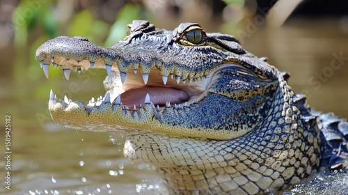 Close-up of an alligator's head with open mouth.