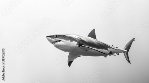 Monochrome great white shark swimming underwater.