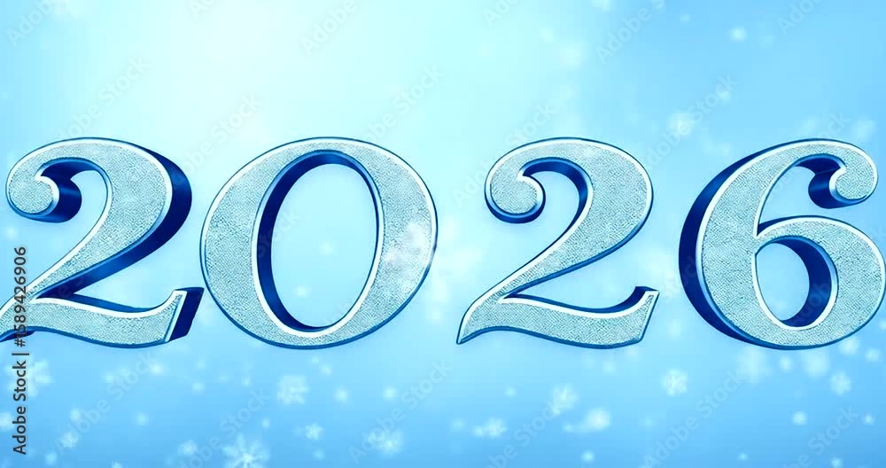 2026 with bouncing text animation and floating snowflake particles on a soft blue background
