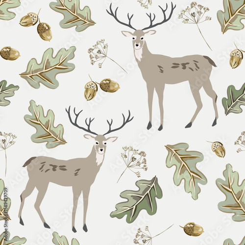 Autumn deer animals, oak tree leaves, acorns, gray background. Vector seamless pattern. Fall season illustration. Forest nature design