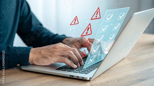 Typing on Laptop with Checklist and Warning Signs: Reviewing Security, Errors, and Problem Solving.