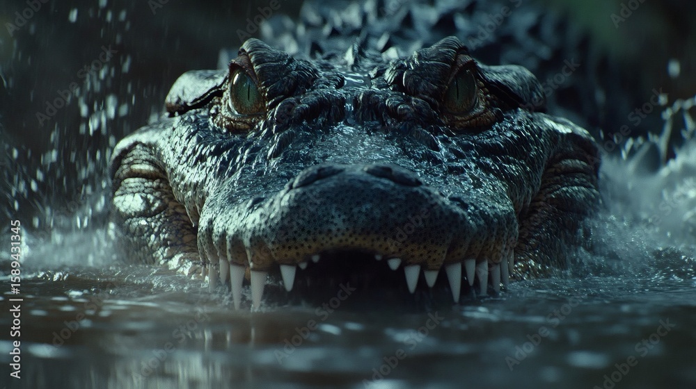 Obraz premium Close-up of a crocodile's head emerging from murky water.