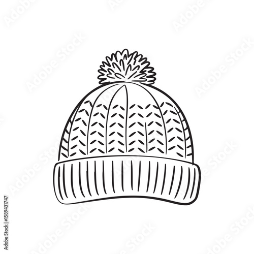 Simple black and white line drawing of a knitted winter beanie hat with a pom pom