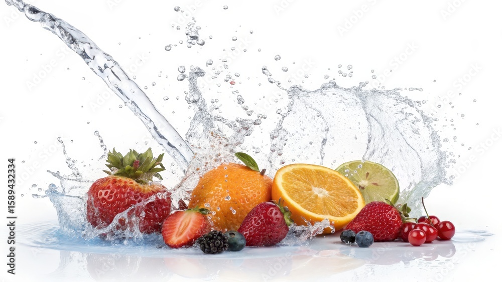 Water Splashing on Fresh Fruits Strawberries, Oranges and Berries, High-Resolution Image, Vibrant Colors, Juicy Concept, Food Photography Fruits, Water Splash Water Splashing on Fresh Fruits Strawberries, Oranges and Berries, High-Resolution Image, Vibrant Colors, Juicy Concept, Food Photography Fruits, Water Splash