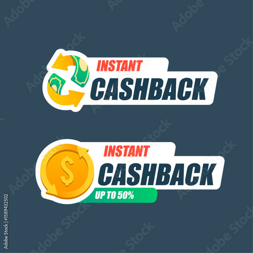 Instant Cashback Badges: Two vibrant badges advertise instant cashback offers, one featuring swirling dollar bills and the other a golden coin, promising a reward up to 50%.