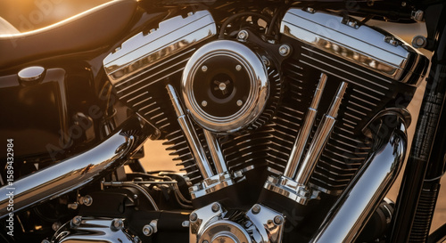 Close-up of a custom chrome motorcycle engine during golden hour, cinematic lighting revealing glistening metal, oil-smudged bolts, and finely crafted mechanical parts