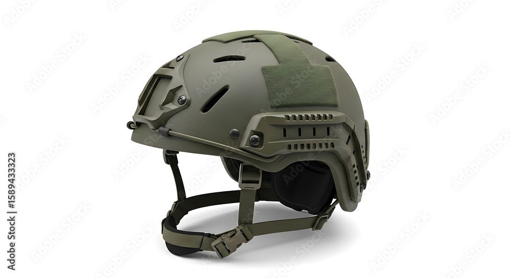 Naklejka premium A detailed military helmet in olive green, designed for combat and safety.