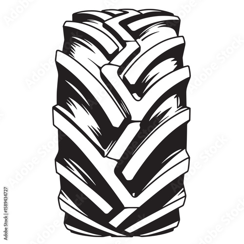 A bold black and white illustration showcasing a tractor tire tread design with high contrast and detailed grooves.