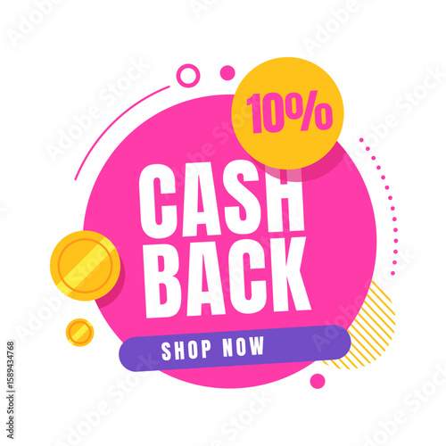 Cashback Offer Design:10% cashback promotion graphic with bright pink circle, gold coins, and a call to action button.
