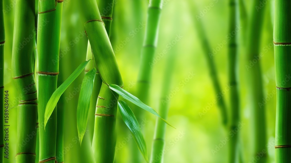 Fototapeta premium Vibrant Green Bamboo Forest: Close-Up View of Serene Nature and Tranquility, Perfect for Wellness and Eco-Friendly Concepts and Calm Meditative Retreats
