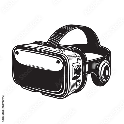 A detailed black and white illustration of a modern virtual reality headset rendered in an artistic engraving style.