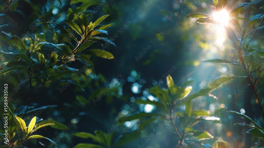 Fototapeta premium Sunlight Streaming Through Lush Green Foliage, Creating a Serene and Peaceful Ambience in a Vibrant, Natural Environment