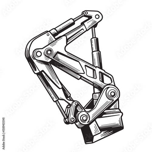 A detailed black and white illustration of an excavator arm and bucket isolated on a white background.