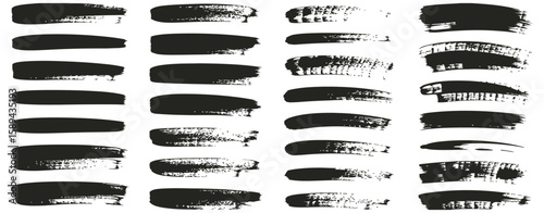 Brush strokes with grunge texture and paint smears, abstract ink splatters on white background