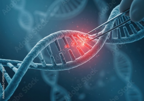 Precision gene editing with tweezers manipulating a damaged dna helix with glowing red segments