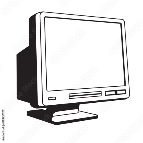 A simple black and white illustration of an old computer monitor isolated on a white background showing a retro design